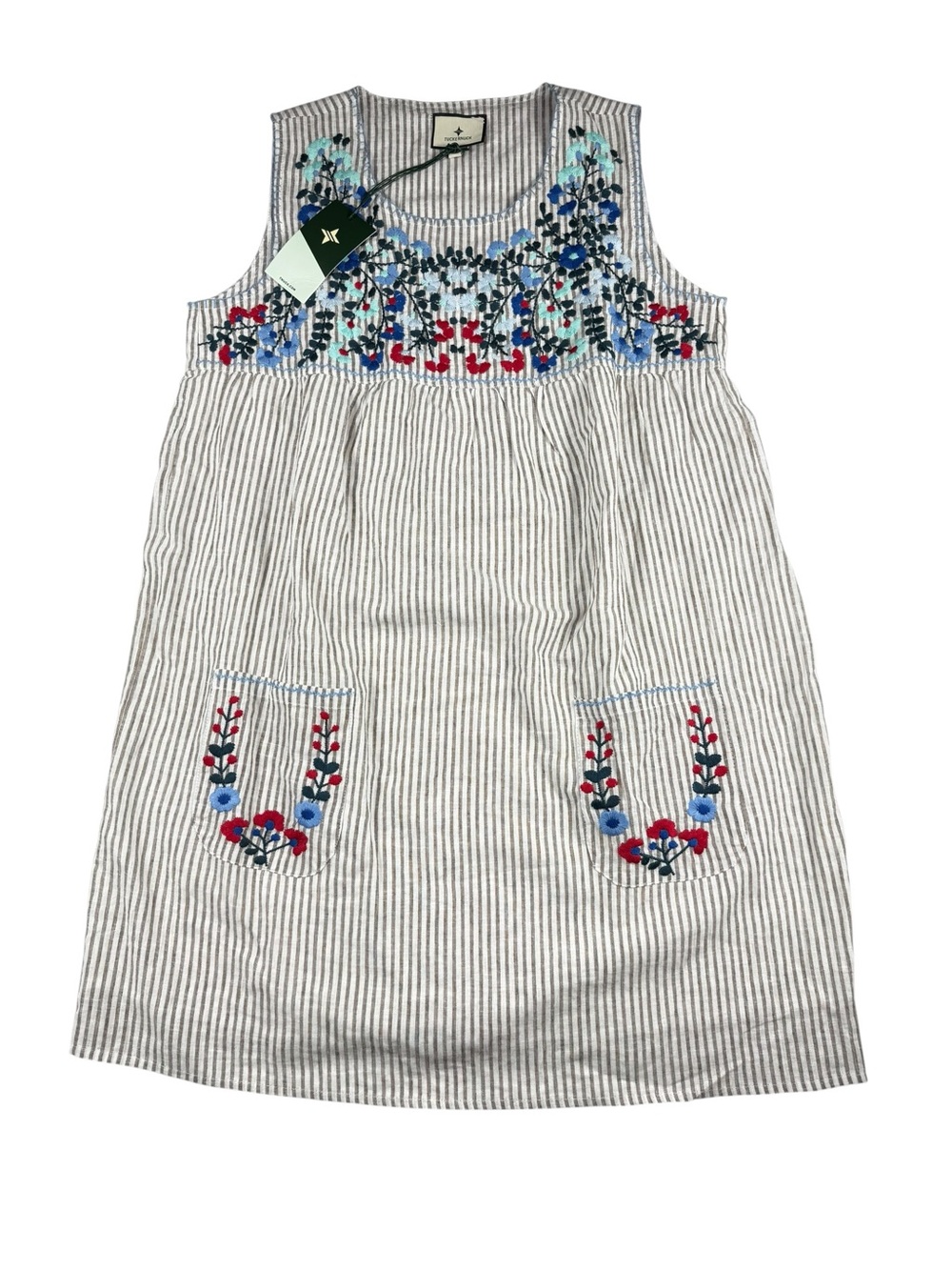 Tuckernuck Tan Stripe Embroidered Linen Sunny Mini dress, XS, NWT
